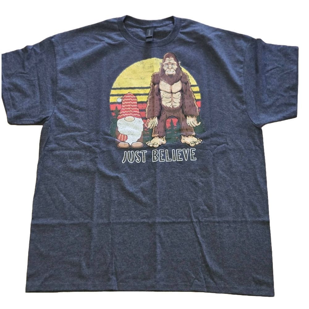 Men’s XL Just Believe Tee | Bigfoot & Gnome Shirt | Funny Cryptid Graphic Top